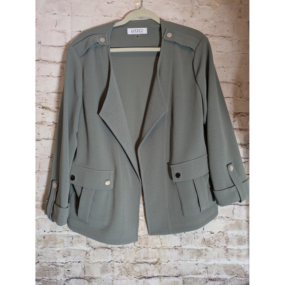 Kasper Blazer XL In Light Gray Open Front Button Details Lightweight Preppy